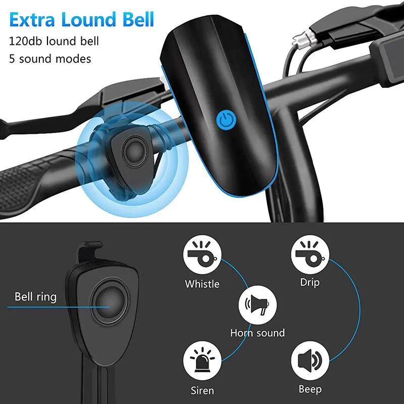 블랙 자전거 라이트 USB LED 방수 경적 포함, 산악 자전거 어두운 밤 야외 라이딩 헤드라이트