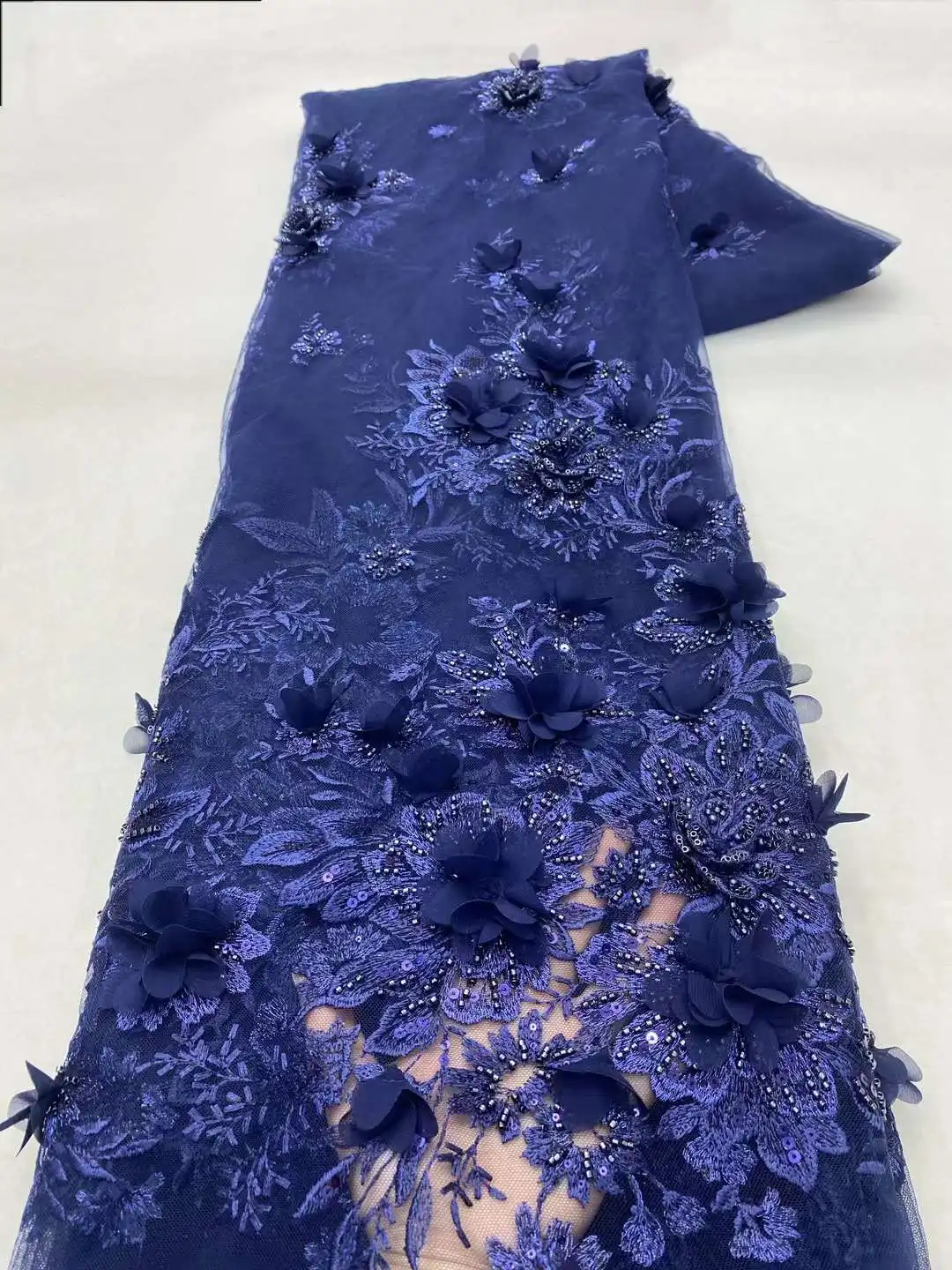 アフリカの3D花で刺繍されたレース生地,フランスのメッシュ,キラキラのスパンコール,ナイジェリアのチュール,パーティードレス,最新