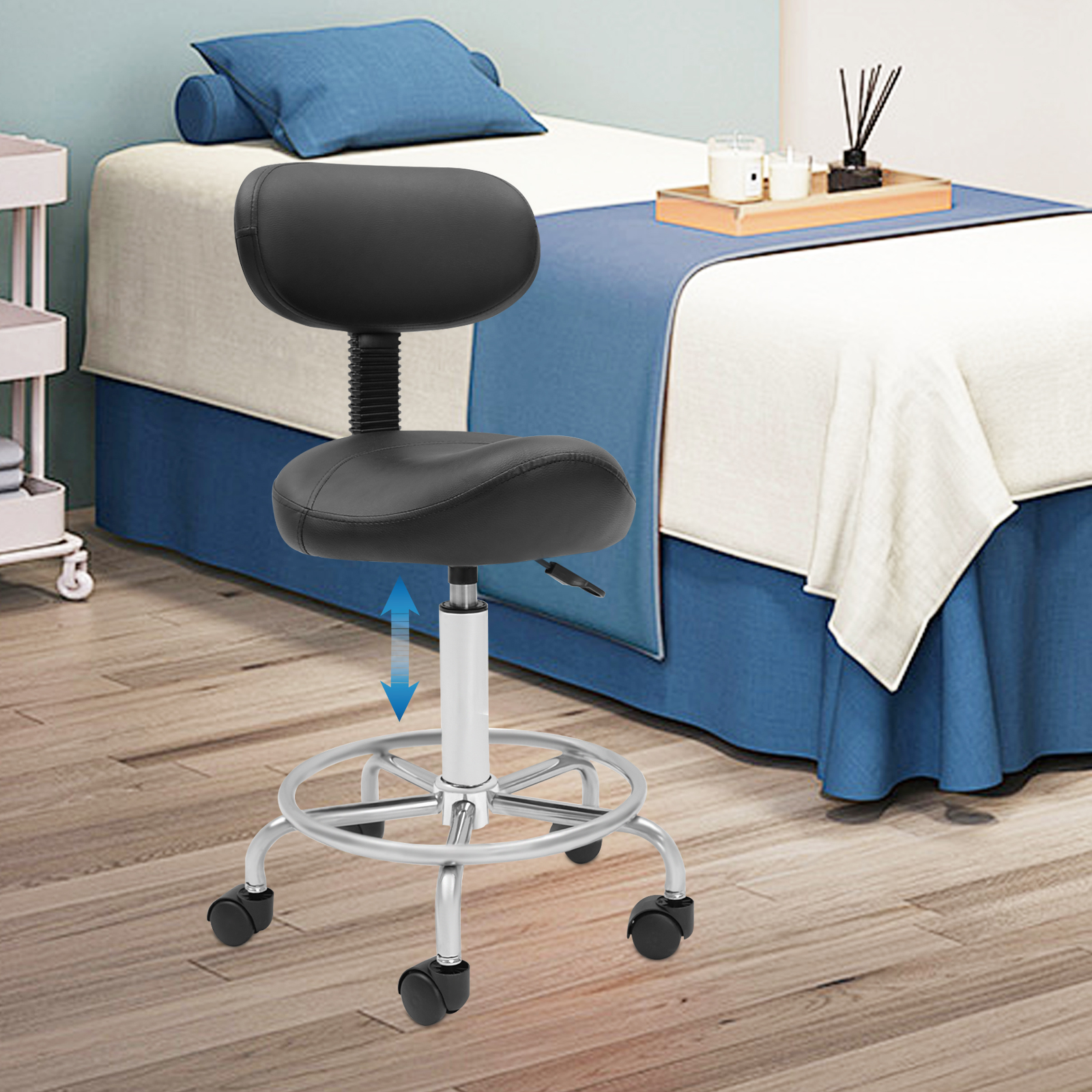 Sattelhocker mit Rückenstütze, hebender Sattelhocker für Büro, Spa, ergonomisch verstellbarer rollender Sattelhocker, Stuhl mit Rollen