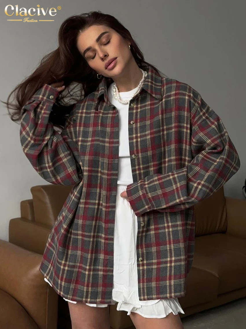 Clacive Mode Lose Plaid frauen Hemd 2025, Vintage Revers Langarm Blusen Elegante Klassische Blusas Top Weibliche Kleidung