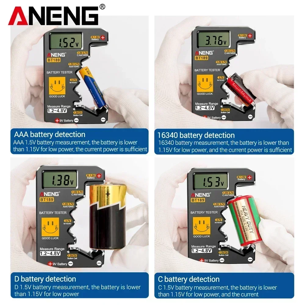Probador de batería Digital ANENG BT189 voltios para 9V AA AAA C D pila de botón varios tamaños probador de batería Universal para el hogar