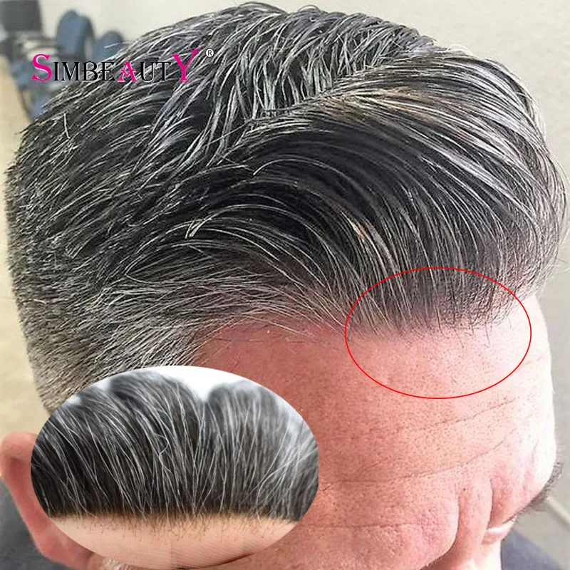 Vlooped Full Skin Toupee para homens, base fina, linha fina natural, cabelo humano cinza, sistema de substituição, perucas masculinas, 1B40, 1B65, 0,06mm-0,08mm