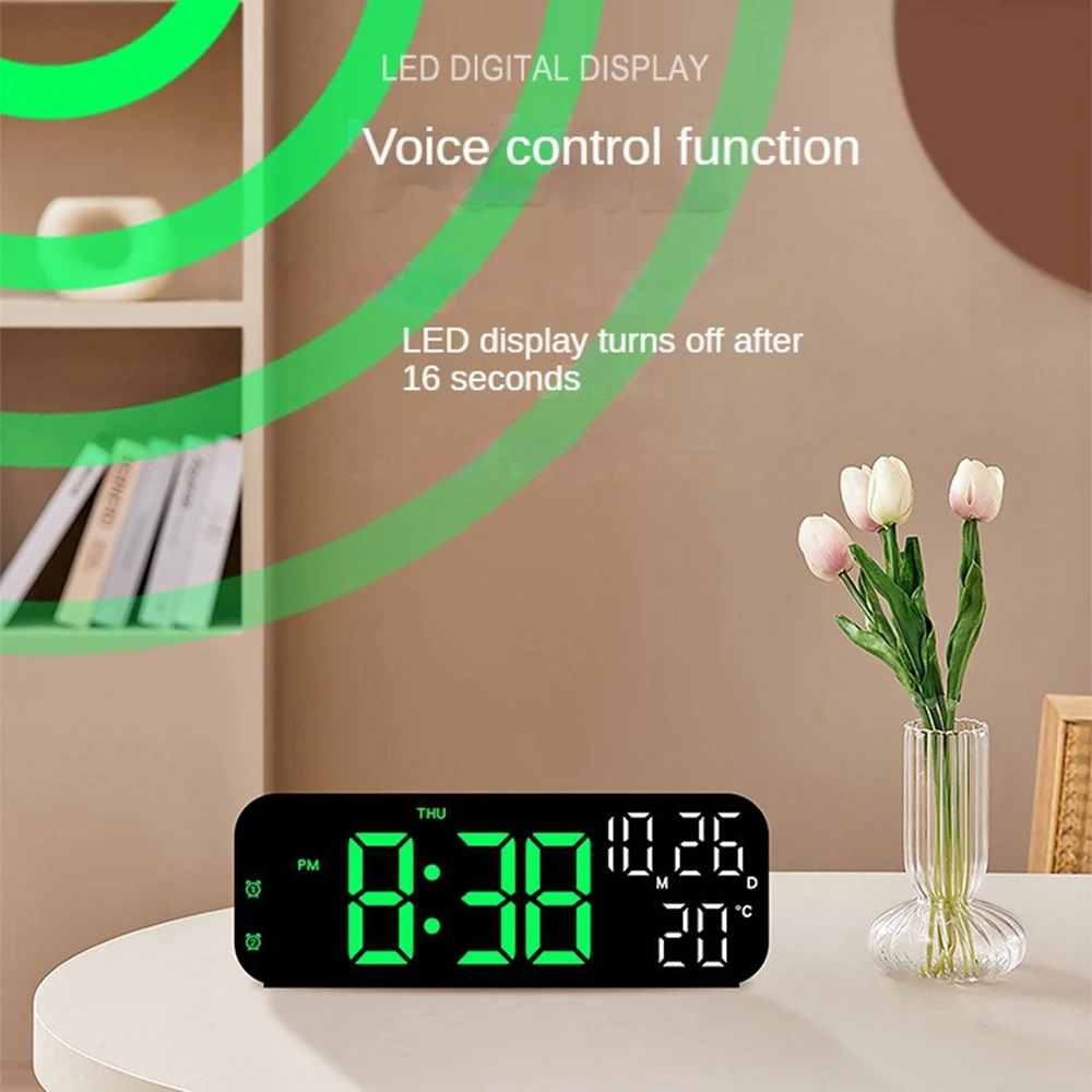 Digitaler Wecker, Temperatur und Datum, Wochenanzeige, Nachtmodus, Tischuhr, Sprachsteuerung, 12/24 Stunden, elektronische LED-Wecker