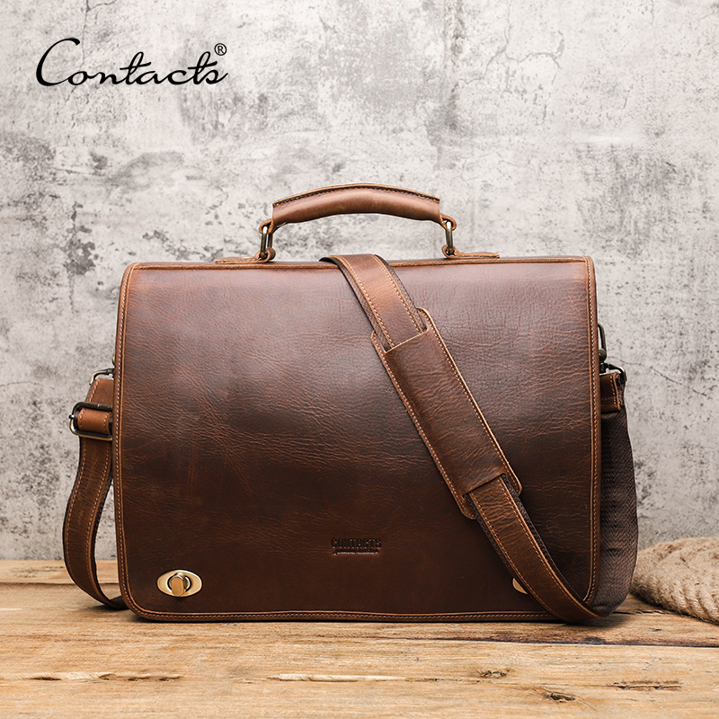 CONTACT'S-maletín de negocios de cuero Crazy Horse para hombre, marca de lujo de hombro de bandolera, bolso de mano de 15,6 pulgadas