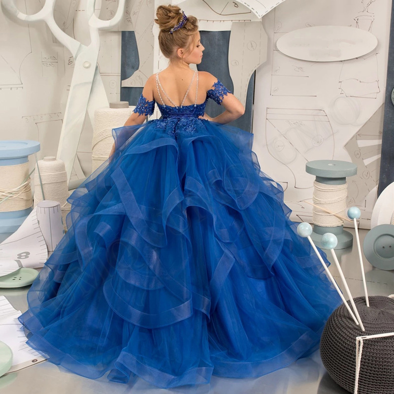 Dostosowana sukienka dla dziewczynki z kwiatami Royal Blue Tulle Puffy Layered Appliques Short Sleeve For Wedding Birthday Banquet Princess Gowns