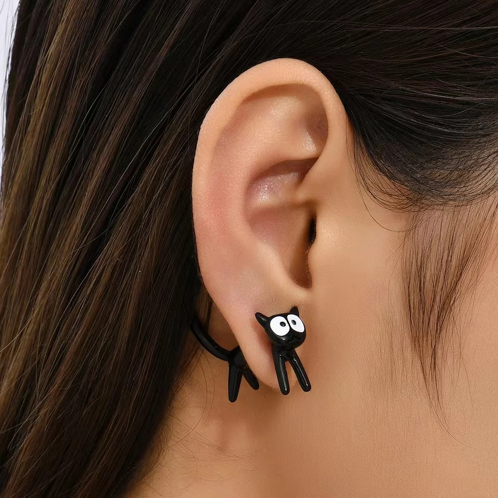 Boucles d'oreilles Black Document Cat Design, Boucles d'oreilles Stud Chimins pour filles, Boucles d'oreilles mignonnes pour femmes, Conception animale, Peinture noire