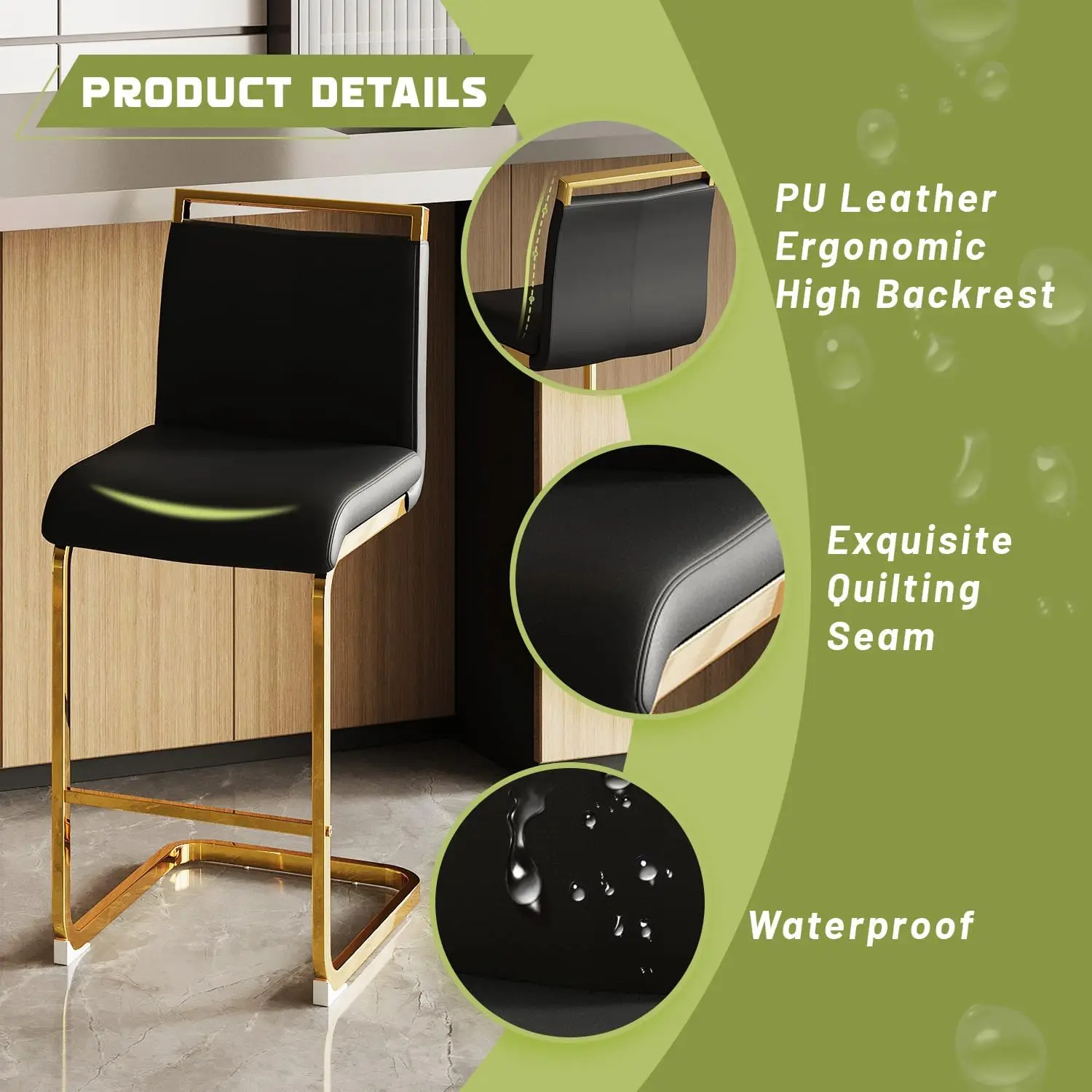 Counter Height Bar Stools Set of 4,Bar Stools with Back,24" Black Island Chairs with Gold Chrome Plated Metal Leg,Faux Leather