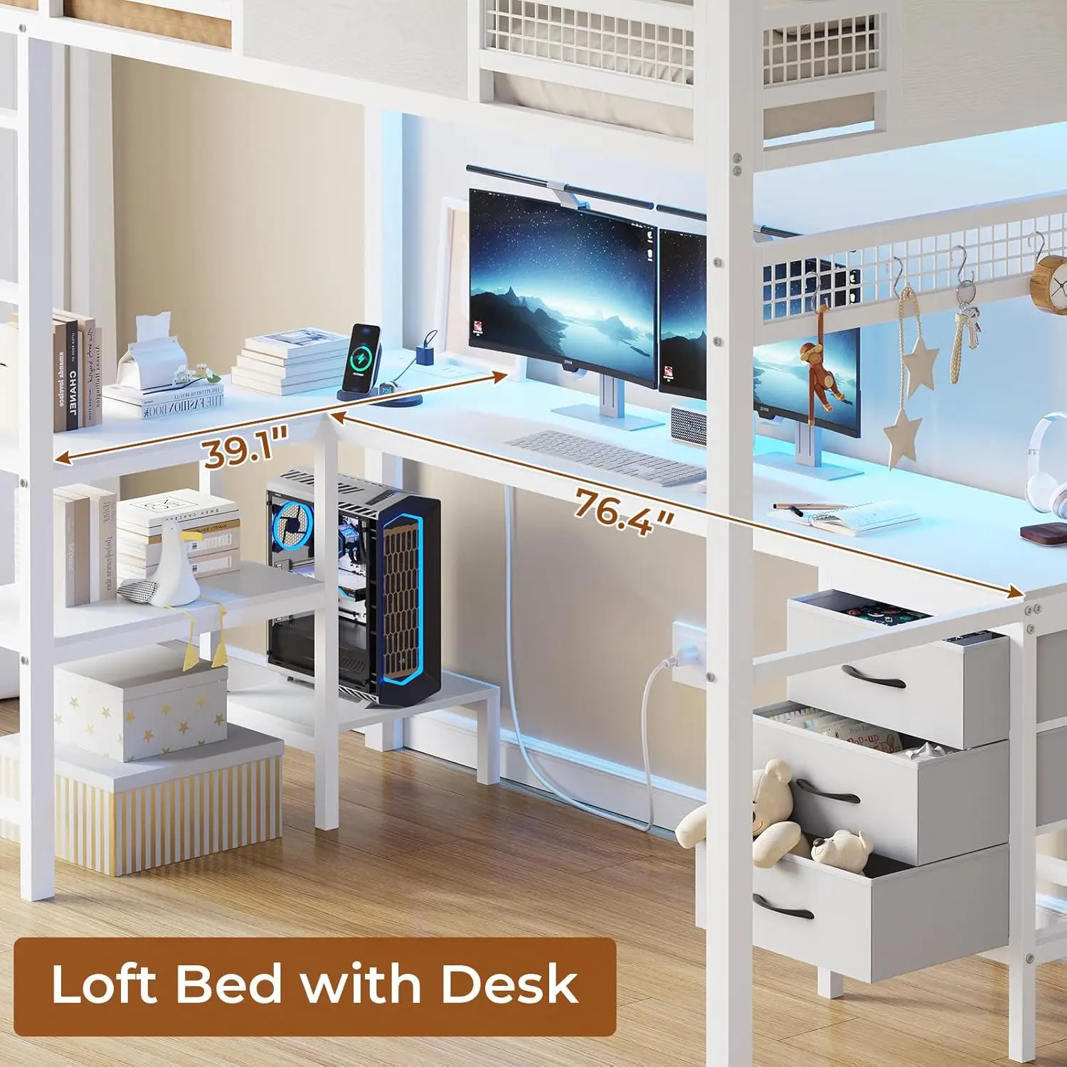 Loft Bed with L-Shaped Desk, Metal Twin Size Bed Frame with LED Lights & Charging , 3 Fabric Drawers, 2-Tier Storage