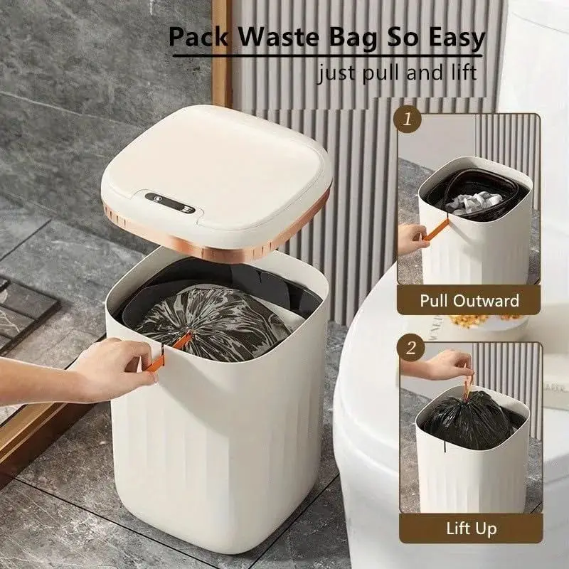 สมาร์ทห้องน้ําถังขยะอัตโนมัติบรรจุถุงขยะอิเล็กทรอนิกส์สีขาว Touchless แคบ Smart Sensor ถังขยะสมาร์ทบ้าน 15L