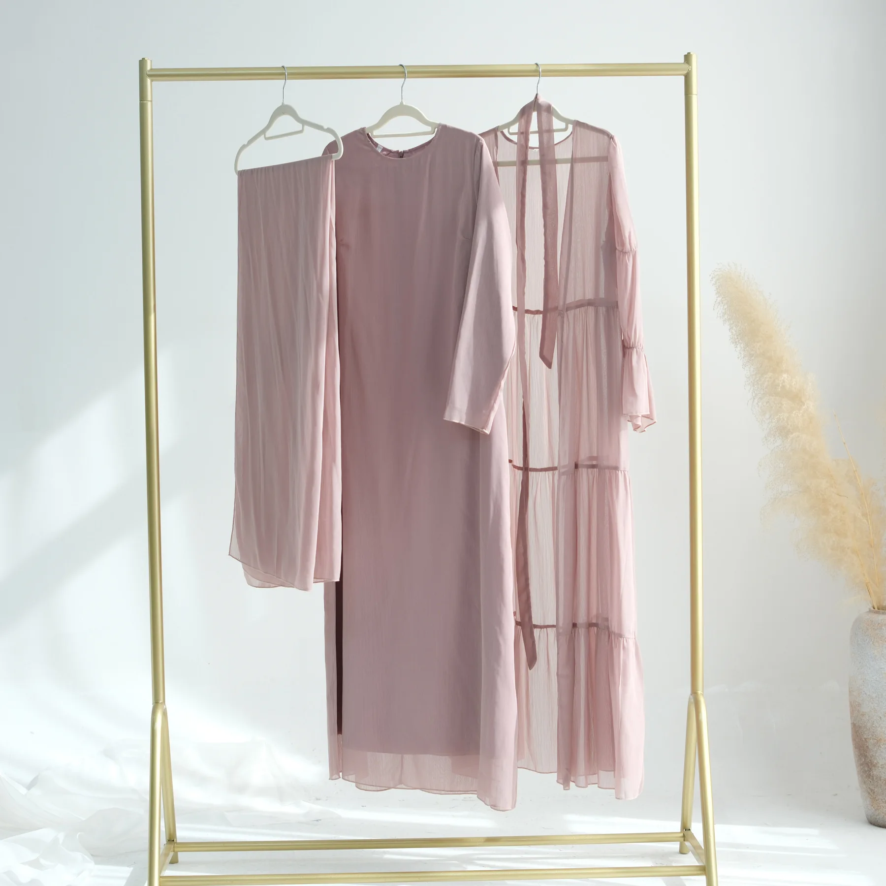 Muslim Set Solid Color Chiffon Long Sleeve Dress and Front Open Abaya Ramadan Abaya Islamic Clothing Women's Modest Dresses