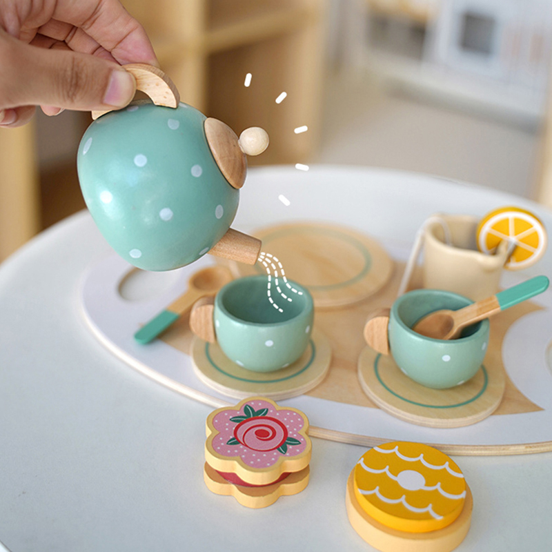 Conjunto de chá da tarde de madeira brinquedo acessórios de cozinha chá festa comida jogar brinquedos educativos precoces para crianças meninas meninos crianças presentes
