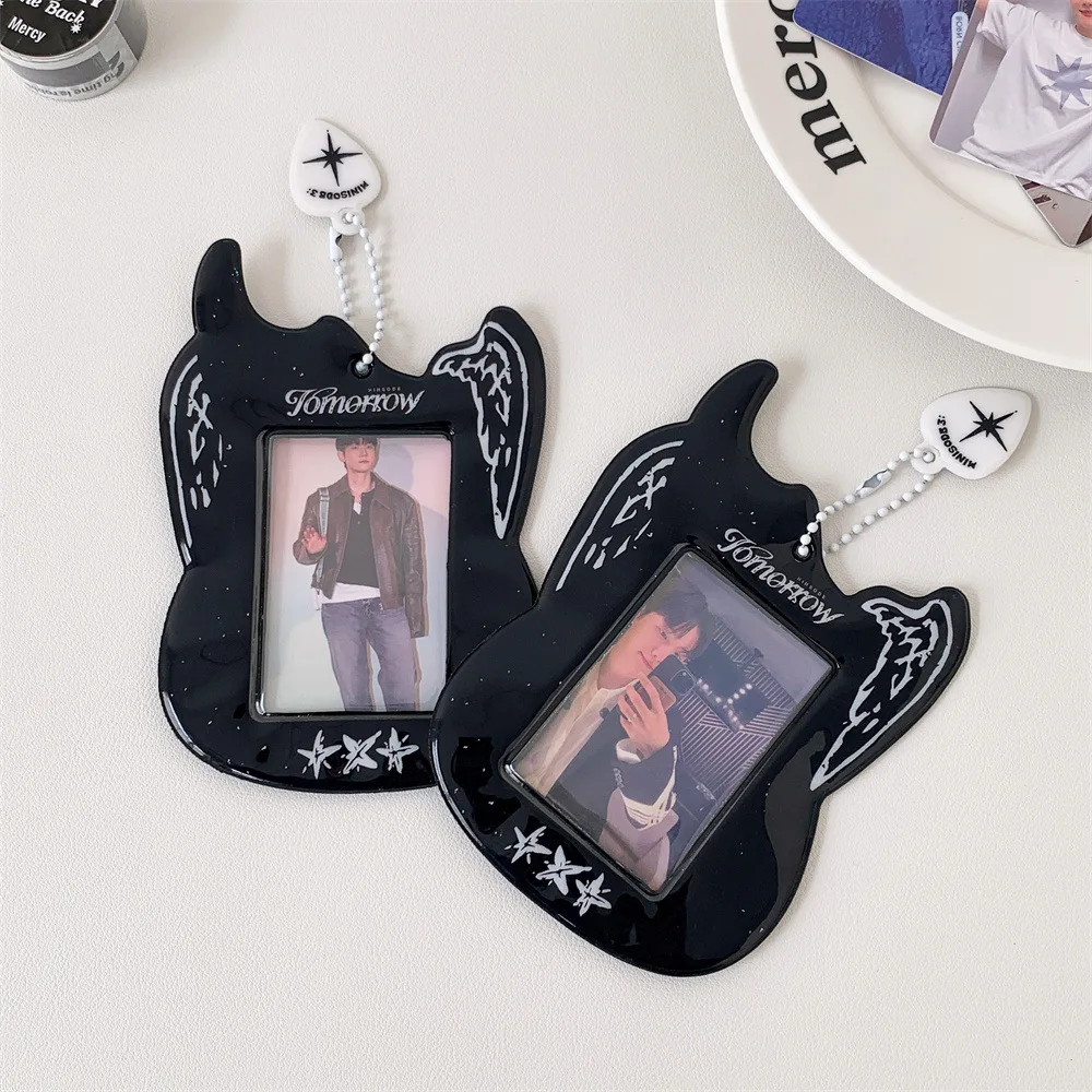 Korean Y2K Black Cool Guitar PVC Card Holder Kpop Idol 3-inch Photocard Hollow Display Pendant for Bag Keychian ID Bus Card Case