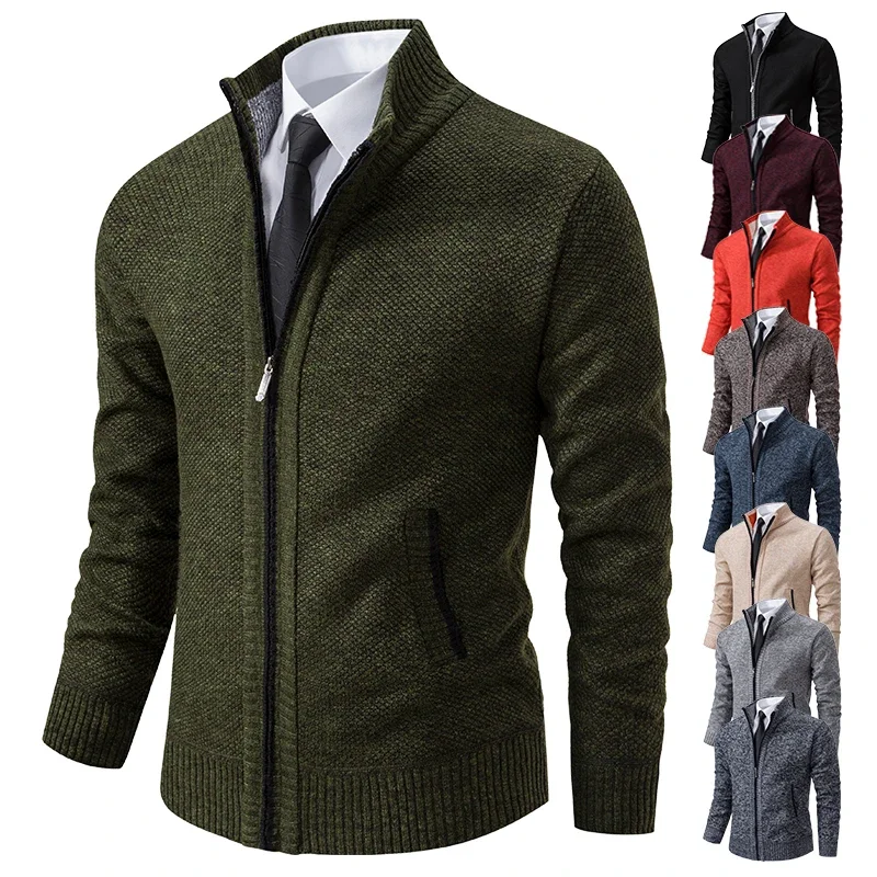 Autumn Winter Men's Casual Sweaters Solid Color Turtleneck Sweater Cardigan Fleece Zipper Cardigan Knit Jackets