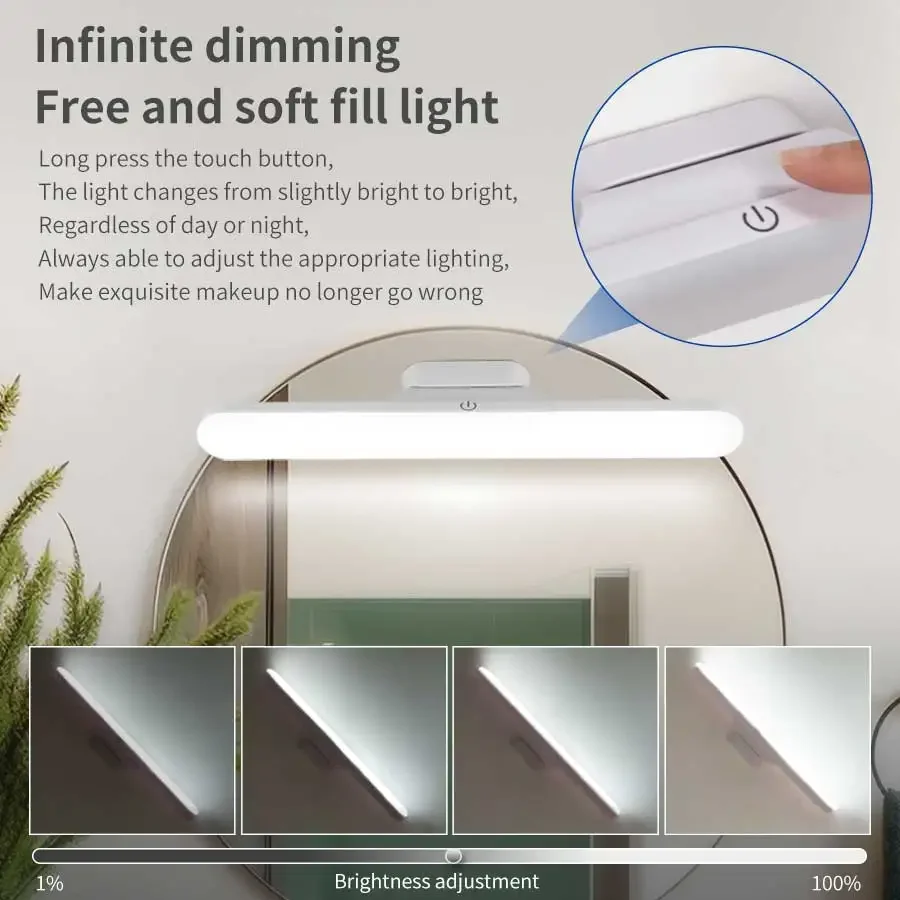 Luz LED de maquillaje frontal con espejo, lámpara de lectura con protección ocular, luz nocturna táctil magnética para iluminación de armario y dormitorio