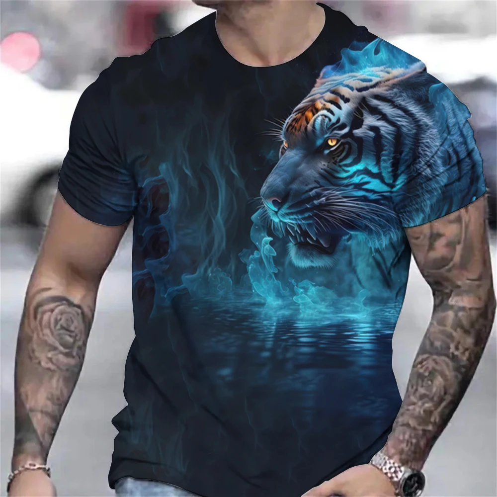 メンズタイガープリントTシャツ,3DアニマルプリントTシャツ,半袖セーター,特大Tシャツ,カジュアルTシャツ,紳士服,夏