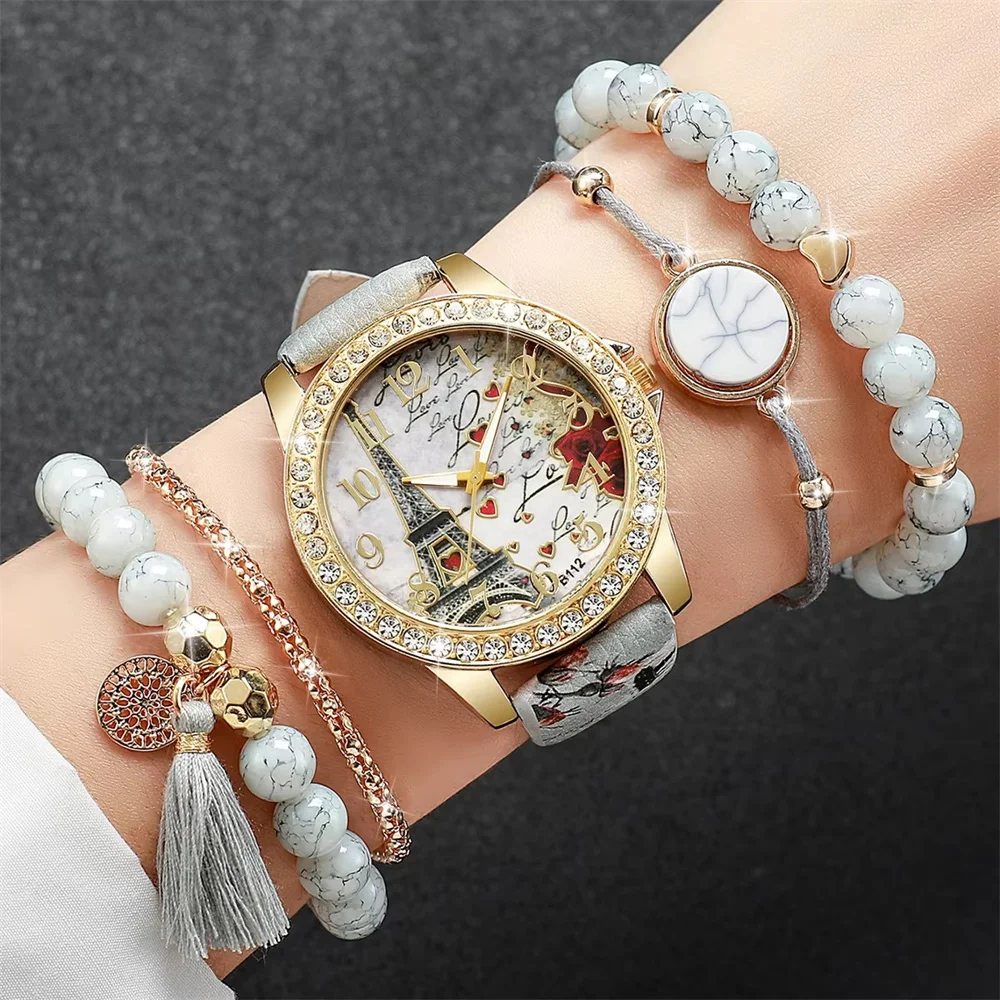 5 Pçs/set Moda Feminina Relógio Europeu e Americano Clássico Retro Relógio de Quartzo com Conjunto de Pulseira de Frisado Requintado