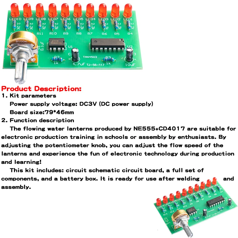 NE555 + CD4017 LED Flow Lamp circuito di saldatura Kit fai da te Set di componenti elettronici Kit di allenamento per saldatura