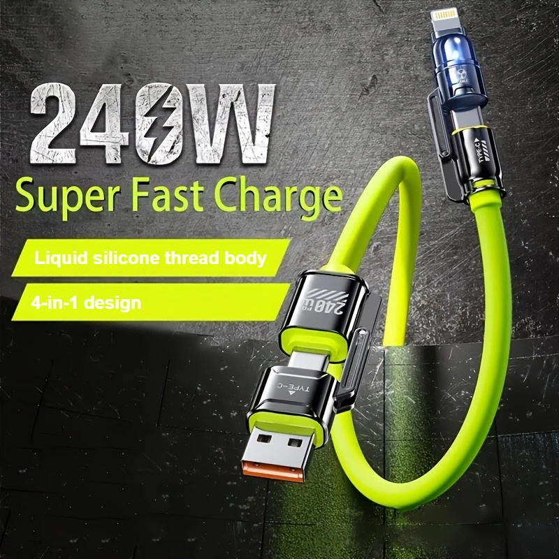 Cable de carga rápida 4 en 1 de silicona de 240W para IPhone 16 15 14 13 12 11 Pro Max para Samsung S25 S24 S23 para LG para Moto G Oppo