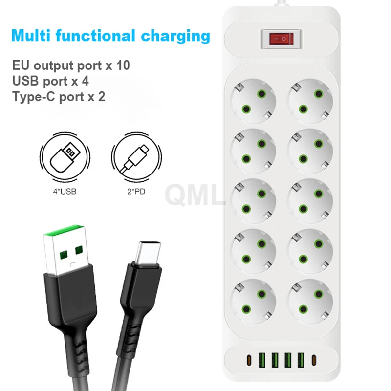 2500W EU AC Plug Power Strip Safety Switch 2m extension cord European Standard Plug Socket Network Filter With USB C Charging