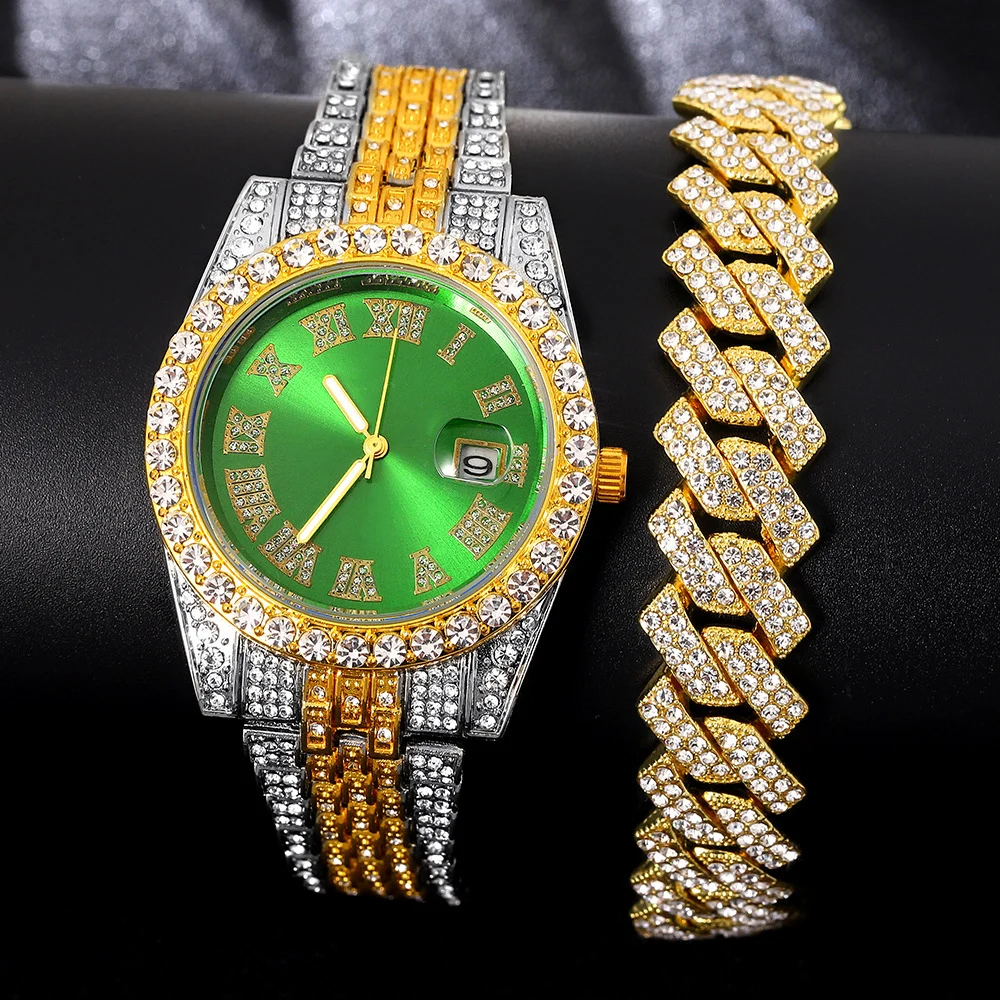 Relógio masculino banhado a ouro hip hop, movimento de quartzo com mostrador redondo de zircônia completa, design de luxo brilhante para estilo de festa