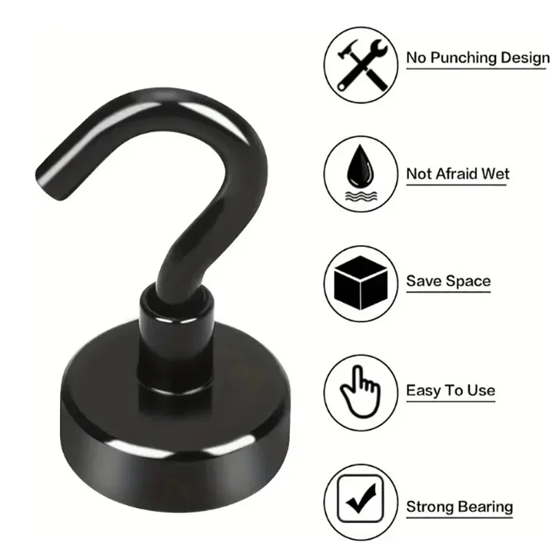 6Pcs Black Magnetic Hook 15 Lbs (Approx 7Kg) Indoor Hangings, Kitchens, Workplaces, Offices and Garages