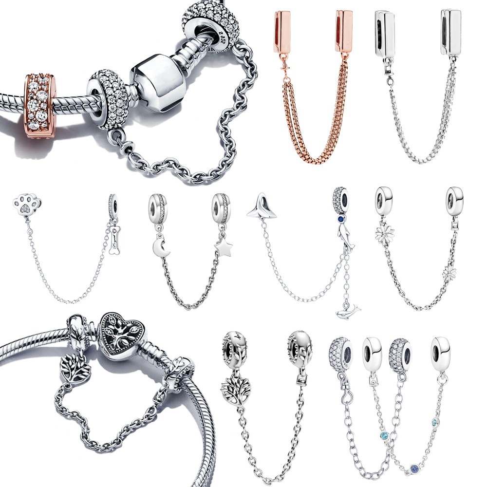 Clear Pavé ห่วงโซ่ความปลอดภัยคลิป Charm 925 เงินสเตอร์ลิง Rose Gold ผู้หญิงเทศกาลเครื่องประดับของขวัญ DIY สร้อยข้อมือจี้