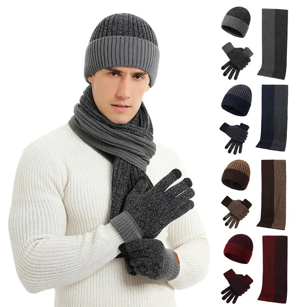 3 unids/set gorro de invierno bufanda guantes Unisex pareja bufanda tejida sombrero guantes conjunto Simple lana tejido sombrero pañuelo guantes