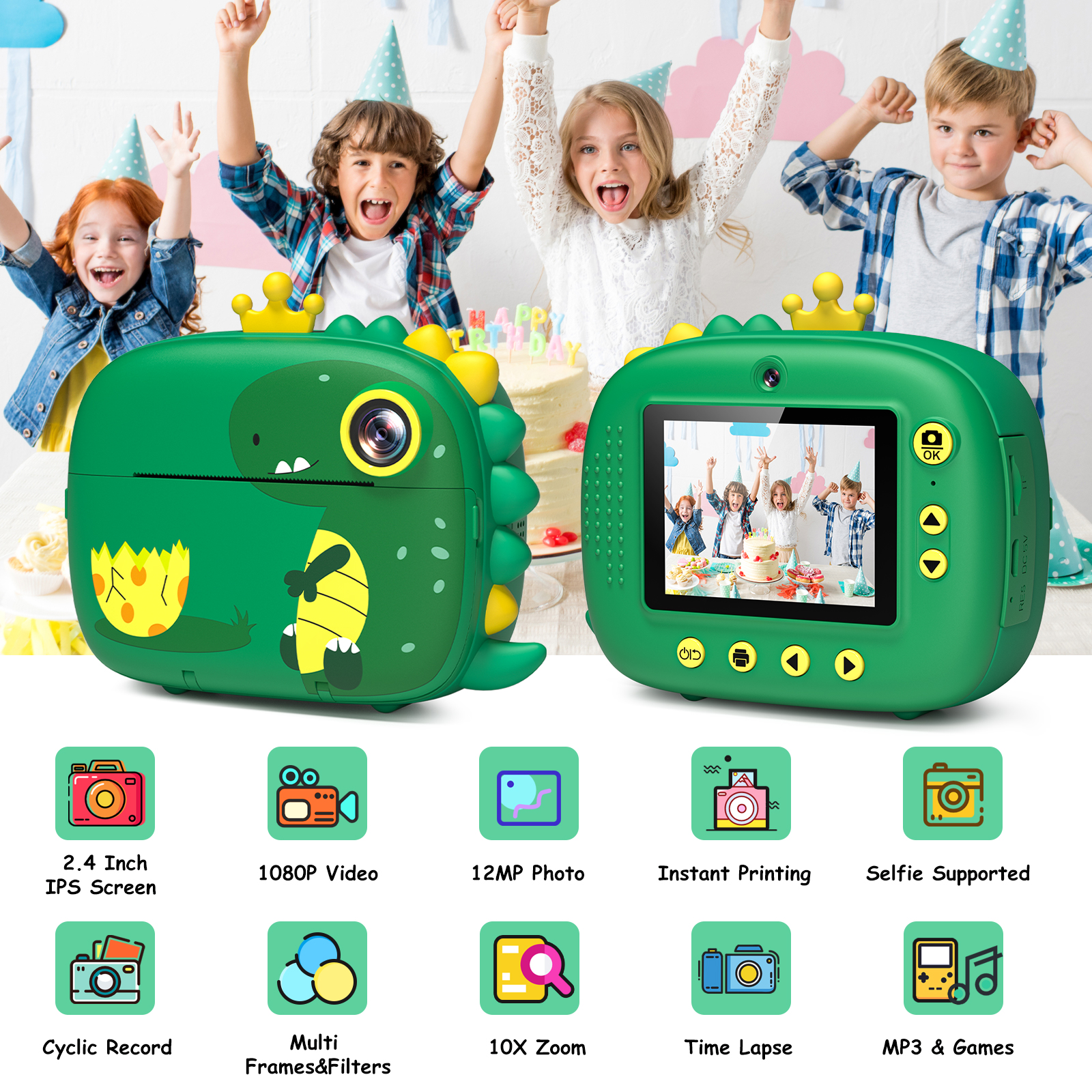 Caméra instantanée pour enfants, caméra instantanée HD 1080P 2,4" avec carte 32 Go, caméra à impression instantanée pour enfants de 3 à 12 ans