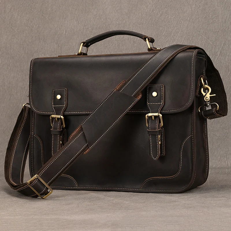 Echte Rindsleder Männer Aktentasche Tasche verrückte Pferd Leder Schulter Umhängetasche Qualität Büro Trage tasche Handtaschen für 15.6 "Laptop