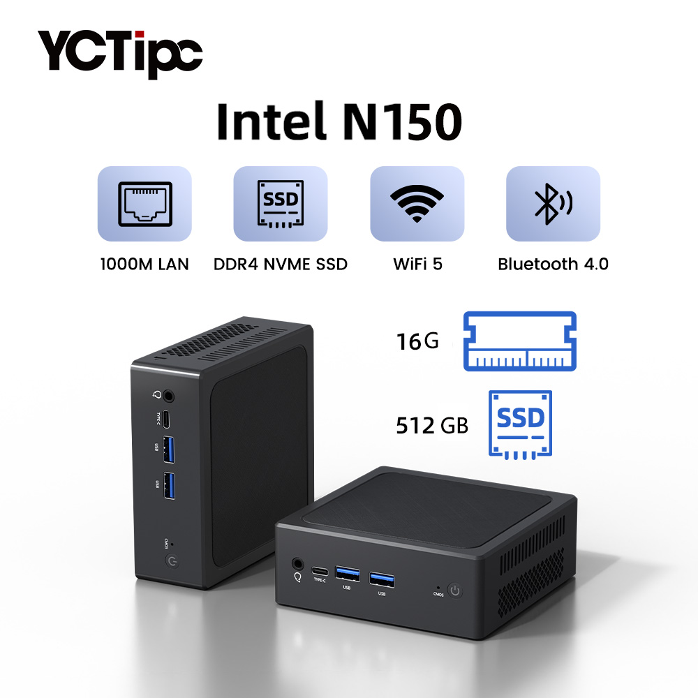 YCTipc Intel N150 Mini PC Gaming Windows 11 Pro Mini PC DDR4 8GB/16GB 1000M M.2 2280 SSD VGA Tri-Display computadora de escritorio de oficina