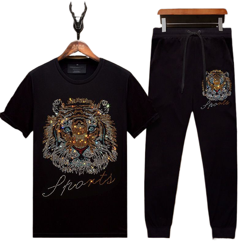 Herrenbekleidung Sommer hochwertiger lässiger Sportanzug Kurzarmhose Goldprägung Eisseide Zweiteiliges Set