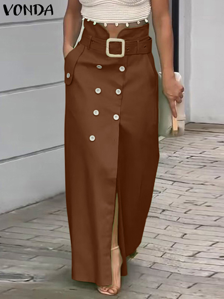 VONDA, faldas elegantes para mujer, falda larga informal con cinturilla y diseño de botones, faldas largas con abertura, Color sólido, pantalones de oficina para mujer de gran tamaño 2025