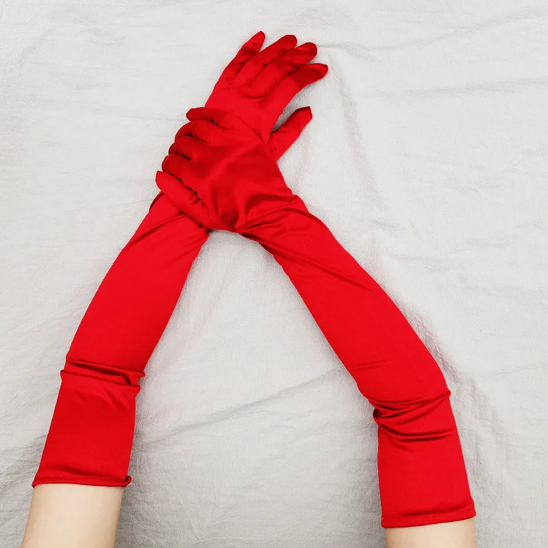 ใหม่คลาสสิกผู้ใหญ่สีดําสีขาวสีแดงผิว Opera/ข้อศอก/ข้อมือยืดซาตินถุงมือยาวผู้หญิง Flapper ถุงมือการจับคู่เครื่องแต่งกาย