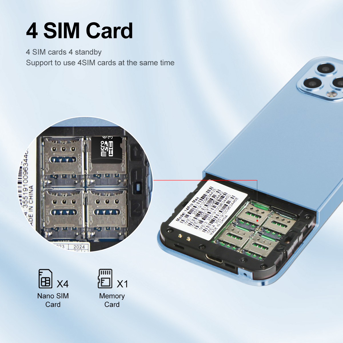 MKTEL M14 Feature Phone Four Sim Card Standby 2.4" Screen 1100mAh Battery MP3 MP4 FM Radio Senior Phone