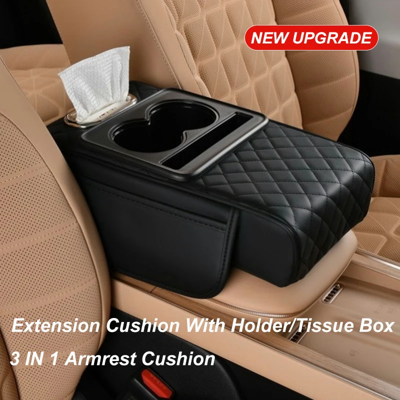 Cojín para reposabrazos de consola central de coche, caja de reposabrazos gruesa, cojín de extensión lateral con portavasos, bolsa organizadora de caja de pañuelos