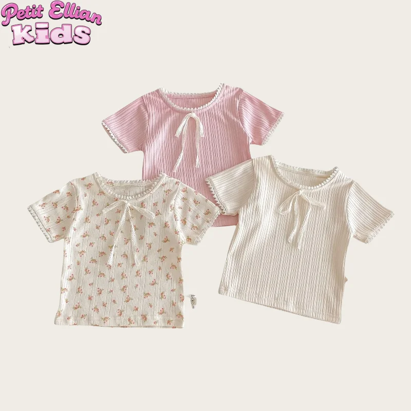 0 - 5 Y Baby Girls' Cotton Cute and Soft  Lace -Trimmed Collar Short Sleeve Top - Comfortable Summer Wear for Children's Clothes