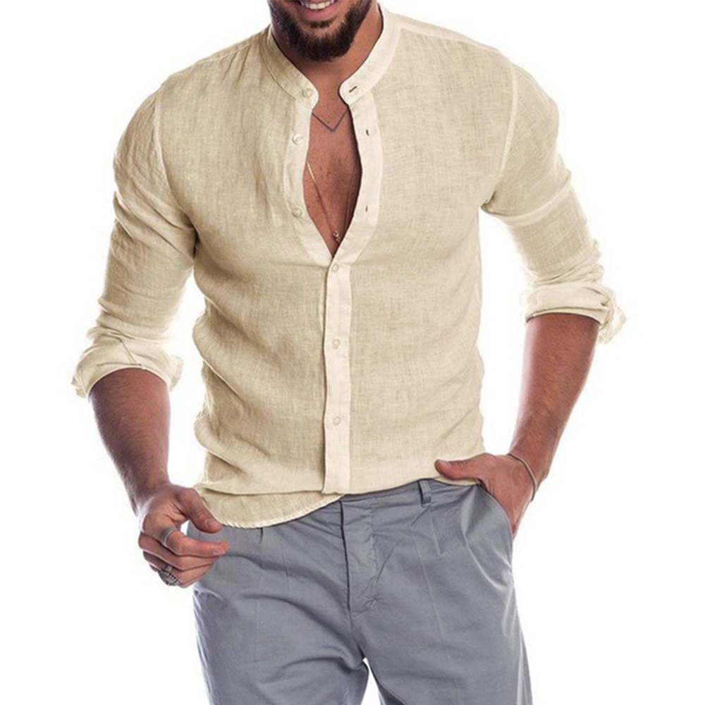 ผ้าฝ้ายลินินขายร้อนเสื้อแขนยาวผู้ชายฤดูร้อนสีทึบ Stand-Up COLLAR Casual Beach สไตล์ PLUS ขนาด