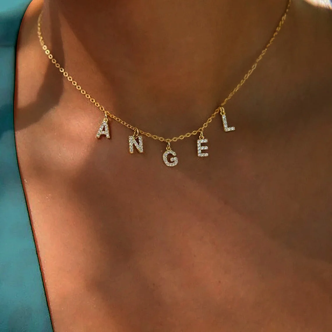 Colar de nome personalizado para mulheres, colar de zircão com pingente de letra inicial, joias por atacado de aço inoxidável