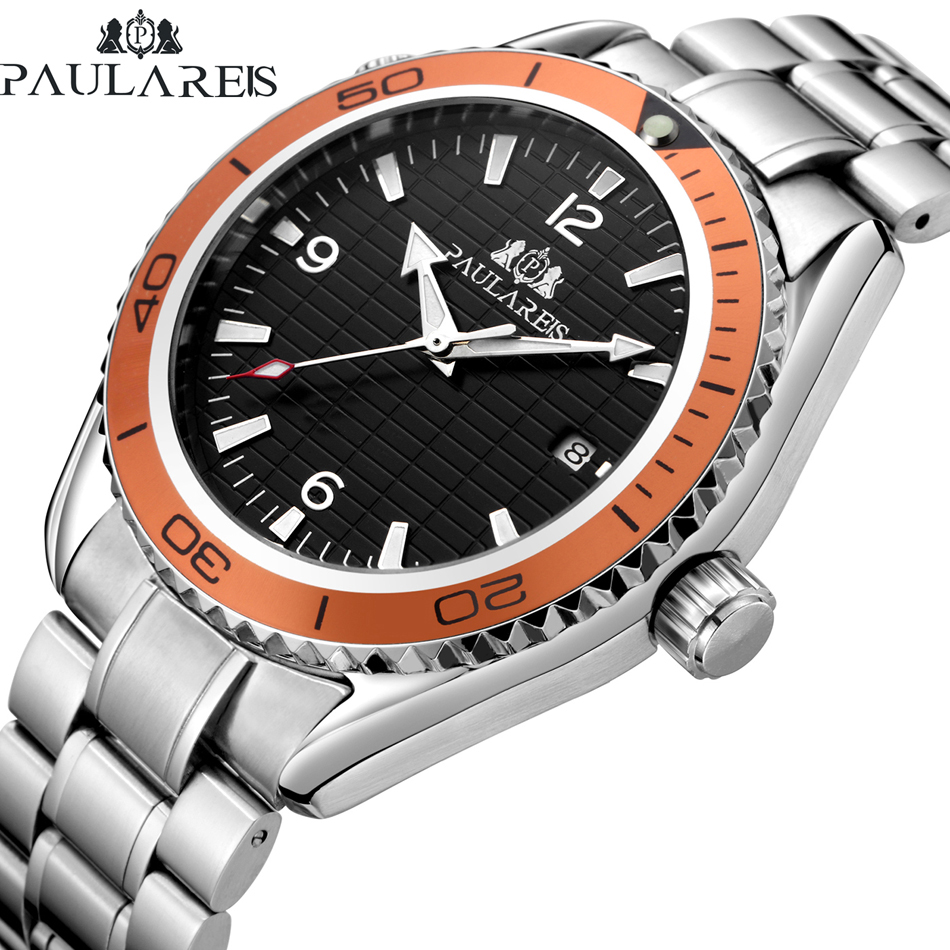 Reloj automático para hombre de negocios con fecha y bisel azul naranja simple con correa de acero inoxidable mecánico de viento automático