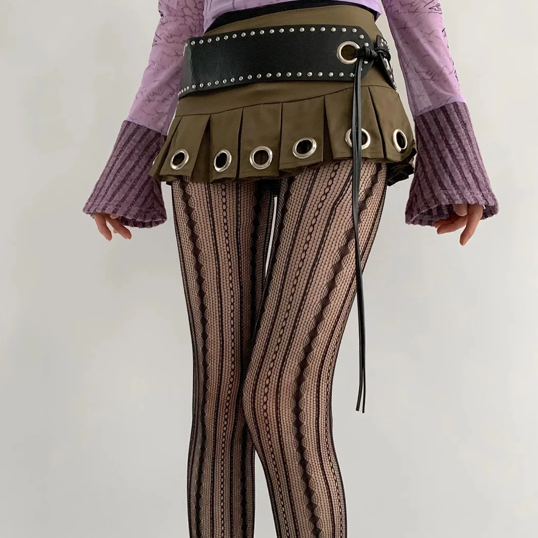 Collants en dentelle ajourés, collants en résille à motifs géométriques à rayures pour femmes