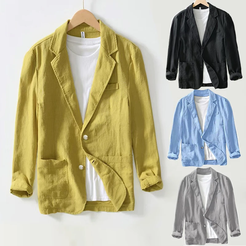 Stylowa lniana marynarka retro dla mężczyzn Casual Business Formal Wear, młodzieńcza i luźna marynarka garniturowa -70% len, 30% bawełna -8 kolorów