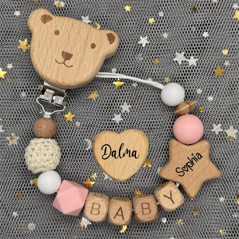 NEW Custom Name Wooden Personalized Baby Pacifier Chain Beech Bead Dummy Nipple Holder Guard Teether Pendant Newborn Mother Gift