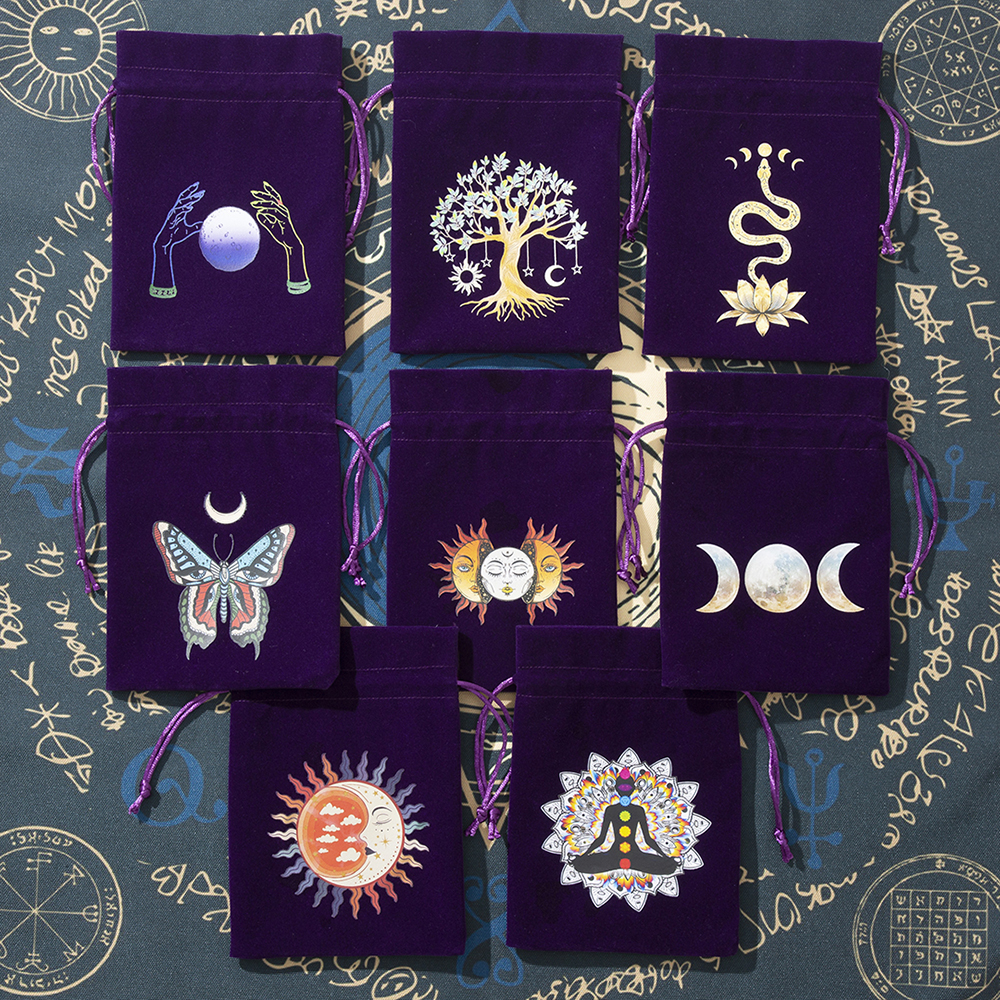 6pcs Velvet Moon Sun Tarot Storage Bag Board Game Cards Embroidery Drawstring Package Witchcraft Supplies for Altar Tarot Pouch