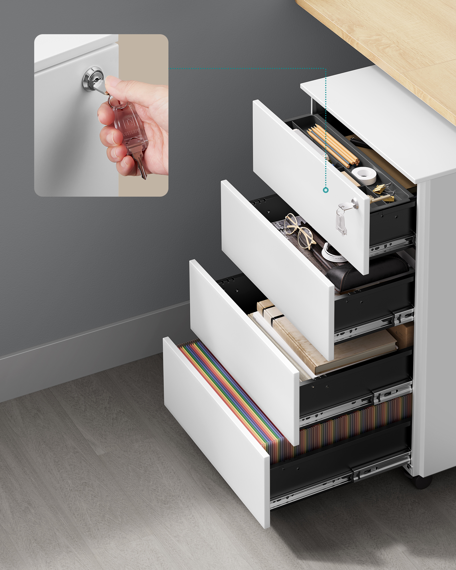 SONGMICS Rollcontainer, Metallschrank, mobiler Aktenschrank, Druckertisch, abschließbar