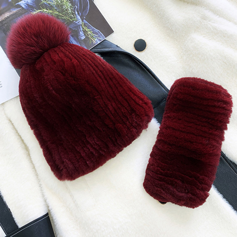 Nieuwe goede elastische meisjes natuurlijke bont sjaals hoeden sets winter vrouwen warm real rex konijnenbont sjaal muts set gebreide bont geluiddemper cap