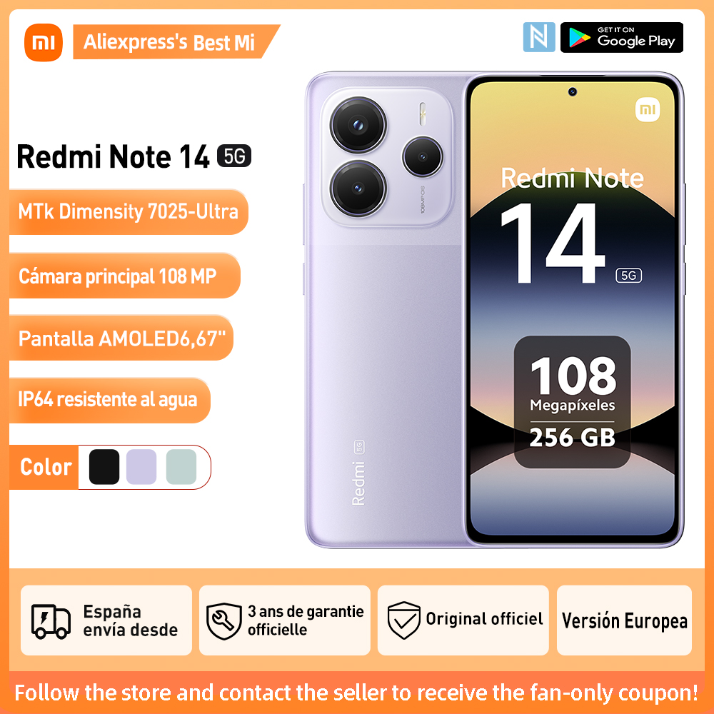 [World Premiere] Xiaomi Redmi Note 14 5G Global Version NFC Smartphone MTK Dimensity 7025-Ultra 108MP Camera 45W Turbo Charging