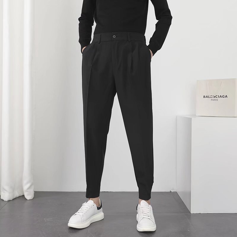 Pantalones informales de cintura elástica para hombre, Blazer ajustado de pies pequeños, estilo coreano, plisado, cónico, ropa de calle