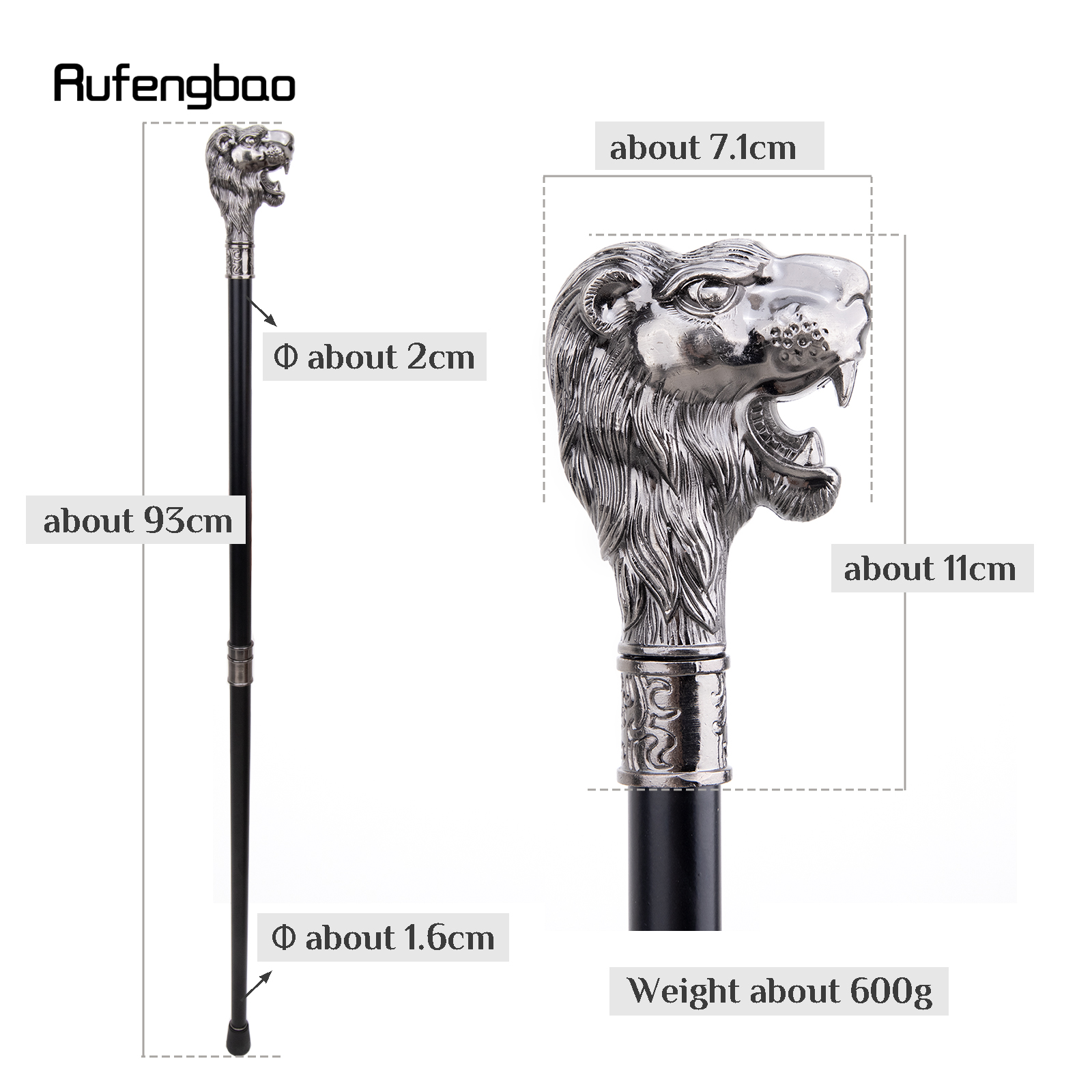 Sliver cabeça de leão com bigode bengala moda decorativa bengala cavalheiro elegante cosplay cana botão crosier 93cm