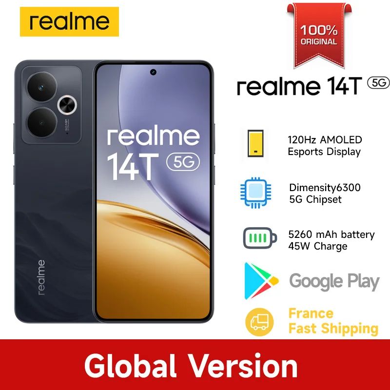 Versión global realme 14T Smartphone 5G MediaTek Dimensity 6300 Pantalla OLED de 6,67» Batería de 6000mAh Next AI Resistencia al agua IP69