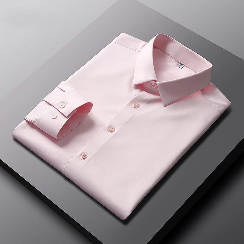 Camisa masculina casual e elegante de manga comprida de cor sólida sem engomar e resistente a rugas